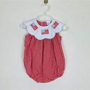 Stitchy Fish red and white gingham romper with American flag embroidery. 12 min